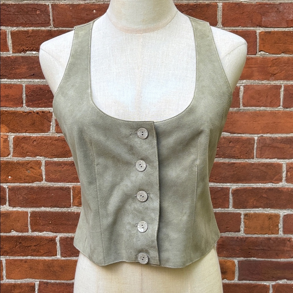 Chanel Goat Leather Silk Sage Green Women's Pantsuit Vest Set - Picture 4 of 16